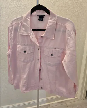 Las Olas Vintage Pink Denim Jacket Rhinestone Studded Y2K Jean Coat Women Size L thumbnail 1