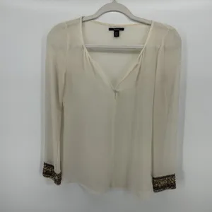 Zara Trafaluc Cream Sheer Blouse Beaded Sequin Cuff Split V-Neck Party XS thumbnail 2
