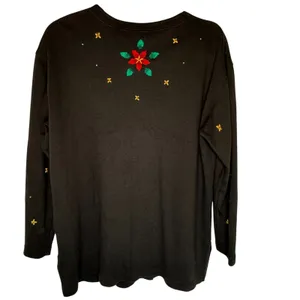 Bechamel Black Knit Button Christmas Cardigan Womens Small Poinsettia VTG FLAW‎ thumbnail 2