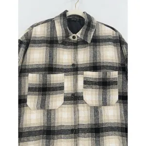 Miss Love Plaid Shacket Women M Black Cream Tan Oversized Wool Blend Long Jacket thumbnail 3