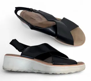 Clarks Black Leather Strappy Wedge Sandals Womens 10 Comfort Shoes Beachy Summer thumbnail 1