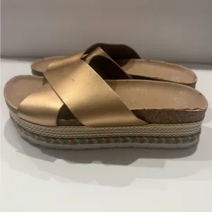 bp Metallic Gold Crisscross Platform Mules thumbnail 3