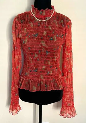 Free People Hello There Floral Sheer Mesh Mock Neck Bell Sleeve Blouse Sz S EUC thumbnail 1