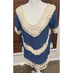 Umgee USA Crochet‎ sweater Navy blue & cream boho hippie sz M chevron thumbnail 3