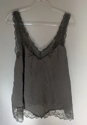 Free People Lace Trim Satin Camisole Oversized Gray Green XS thumbnail 1