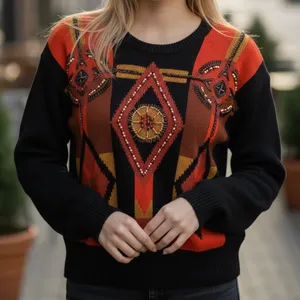 I.B. Diffusion Small Y2K Knit Sweater Beaded Diamond‎ Pattern Vintage Abstract Black thumbnail 1
