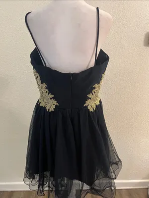 Dark Blue Spaghetti Strap Mini Dress with Gold Appliqué thumbnail 4