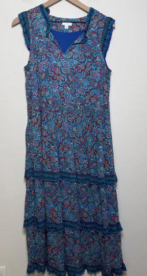 J. Jill Women Boho Maxi Dress Small Blue Paisley‎ Tiered Ruffle Cottage Resort thumbnail 1