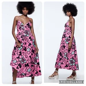 Zara Pink Black Floral Cotton Poplin‎ Midi Dress Size S thumbnail 4