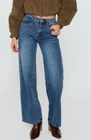 Princess Polly Saving Up Mid Rise Straight Leg Studded Jeans Mid Blue thumbnail 1