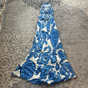 Verge Girl VRG GRL Satin Halter Maxi Dress Paisley White Blue 6 thumbnail 6