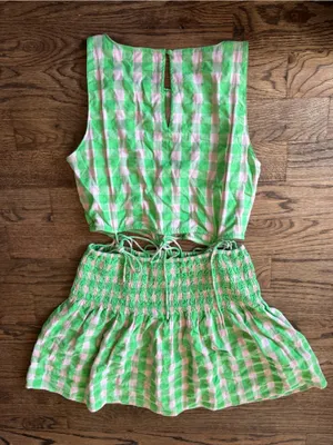 Anthropologie Saylor Emmie Mini Dress Green Light Pink Gingham L Cottage Preppy thumbnail 3