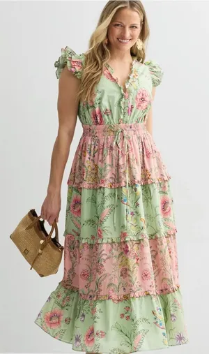 NWOT Floral Tiered Maxi Dress in Mint & Blush thumbnail 1
