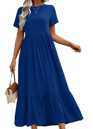 NWT ~ Blue Summer Short Sleeve Casual Crewneck Long Maxi Dress with Pockets ~ SM thumbnail 1