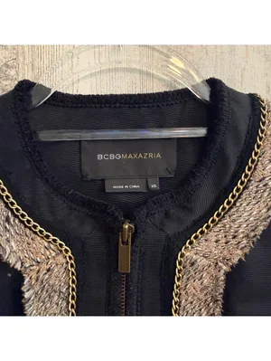 BCBG Max Azria Women’s XS Tweed Trim Jacket Top Black Gold Chain Zip thumbnail 5