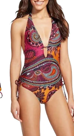 Cleanwater Paisley Plunge One Piece Swimsuit Size XL Boho Monokini Open Back thumbnail 1