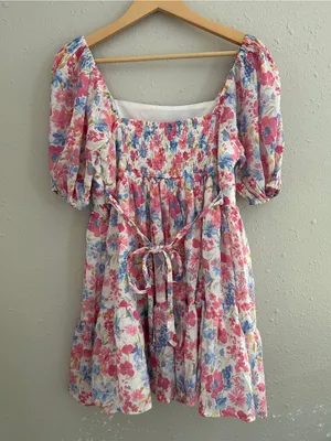 Altar'd State Pink Blue Floral Square-Neck Puff Sleeve Mini Dress High Tea XL thumbnail 8