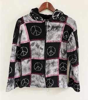 Nepal 100% Cotton Patchwork Tie Dye Peace Sign Zip Up Hoodie Black Pink Sz L/XL thumbnail 1