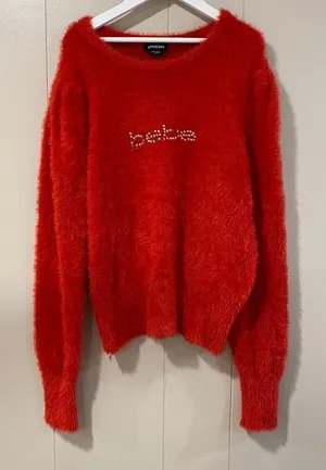 bebe Red Fuzzy Logo Sweater Size L Soft Long Sleeve Pullover thumbnail 1