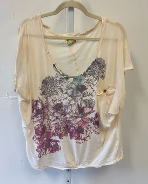 RARE Free People Floral Graphic Oversized Tee Cream Purple Boho Scoop Neck Large thumbnail 1