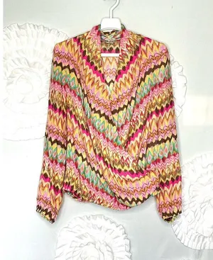 Haute Hippie Silk Crossover Draped Front Top Multicolor Batik Pattern Size Large thumbnail 3