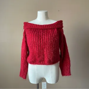 WISHFUL THINKING Red Chenille Eyelash Knit Chunky Off Shoulder Sweater - Sz S/M thumbnail 3