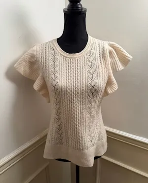 Banana Republic Junie Wool Cable Knit Sweater Cream Ruffle Flutter Cap Sleeve thumbnail 1