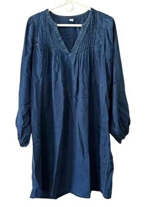 Old Navy Women Medium Dress‎ Blue Chambray Long Sleeve Loose Western Country thumbnail 1