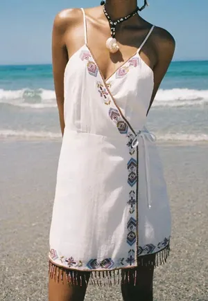 Zara dress mini summer boho embroidered fringe cotton tribal Aztec wrap thumbnail 8