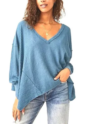 We the Free people Women's Coraline Thermal V-Neck Top FP oversized long sleeve thumbnail 1