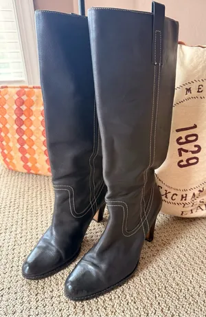 Circa Joan David Tall Black Leather Heeled Boots with Contrast Stitch Size 7 thumbnail 1