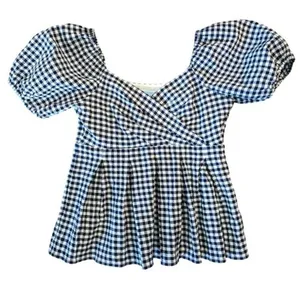 Draper James Women’s Gingham Puff Sleeve Peplum Top Blue White Blouse Size L thumbnail 1