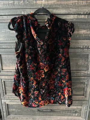 LOFT Black Multi Floral Velvet Ruffle Cap-Sleeve Blouse thumbnail 2