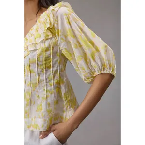 Maeve‎ Anthropologie Yellow Off-The Shoulder Ruffled Swing Puff Blouse Large thumbnail 3