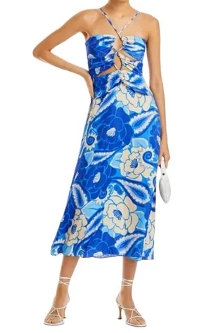FARM Rio NWT Women’s Size L Blue White Tropical Groove Cutout Detail Midi Dress thumbnail 1