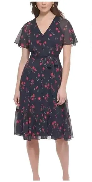Calvin Klein Women's Floral V-Neck Dress Blue Size 2 Tie Waist Short Sleeve thumbnail 1
