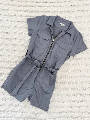 Albion Short Sleeve Zip-Front Romper in Slate thumbnail 2