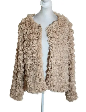 Beige Faux Fur Shaggy Boho Jacket Size Medium thumbnail 1