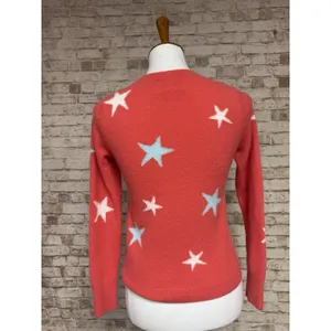 CYNTHIA ROWLEY 100% 2- PLY CASHMERE Sweater Coral Red Stars Embellished Sz‎ M thumbnail 3