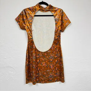 Savage Fenty Orange Velvet Floral Mini Dress Womens 10 Short Sleeve High Neck thumbnail 3