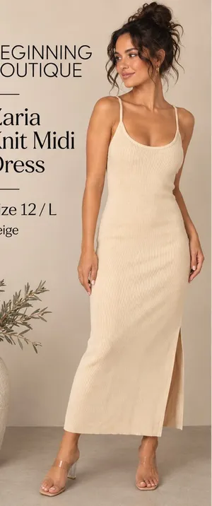 Beginning Boutique Zaria Beige Ribbed Knit Midi Dress Size 12/L NWT thumbnail 1