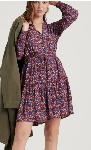 Lucky Brand Floral Mini Dress Burgundy Blue Boho Long Sleeve Size M thumbnail 1
