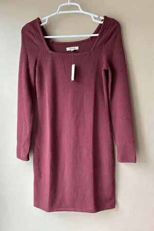 Madewell Ribbed Square Neckline Long Sleeve Burgundy Mini Dress Size XS thumbnail 1