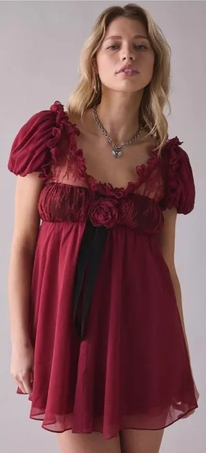 For Love & Lemons Claudine Babydoll Mini Dress Large Burgundy Romantic Flower S thumbnail 1
