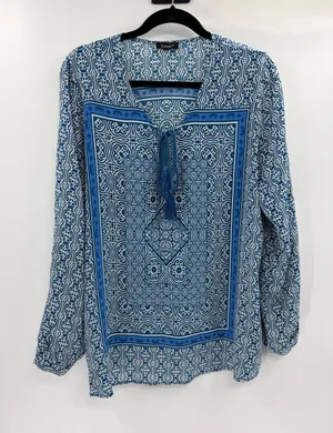 Tolani Blue Silk Medallion Print Boho Tassel Tie Blouse boho Top size large thumbnail 1