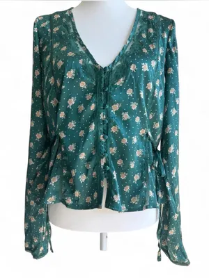 Free People Green Floral Lace Trim Button Front Blouse Size M thumbnail 1