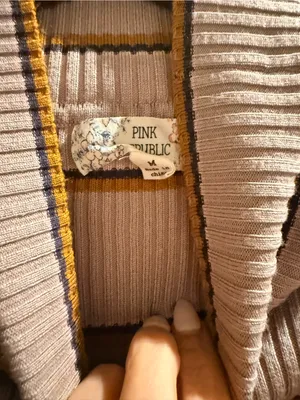 Pink Republic Ribbed Turtleneck Sweater in Light Pink with Brown & Gold Stripes thumbnail 2