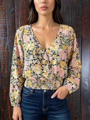 American Eagle Floral Faux Wrap-Front Smocked Hem Top - XS thumbnail 1