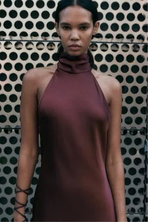 Zara maxi halter scarf satin Elegant Burgundy Brown Evening Wedding Dress thumbnail 11