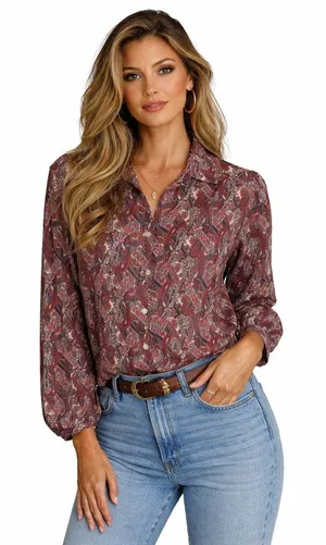 Vintage Paisley Button Up Blouse Boho Retro Long Sleeve Top Size L Relaxed Fit thumbnail 1